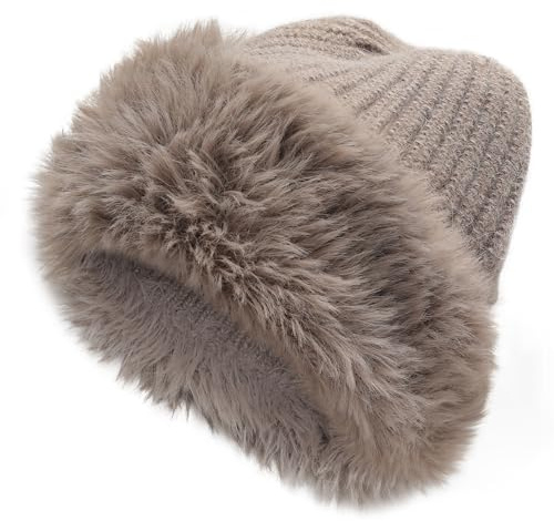 ZLYC Winter Faux Fur Slouchy Beanie Hat for Women Warm Knit Stretch Cuffed Skull Cap(Solid Coffee)