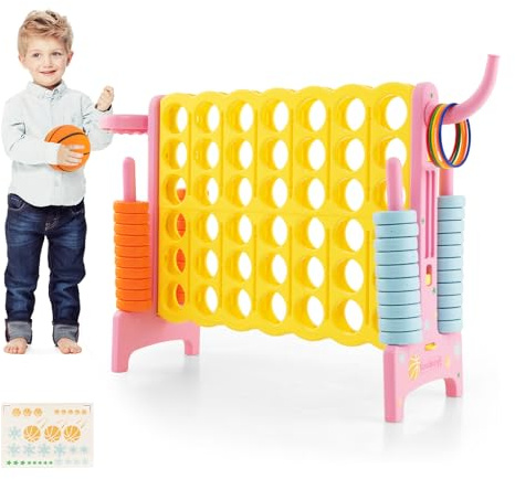 COSTWAY Forza 4 Gigante, Forza Quattro per Bambini con Canestro, Palla, 5 Anelli e 42 Piedine, Giochi Educativi da Esterno ed Interno per Vacanze e Feste, Ideale per Bambini +3 Anni (Rosa e Giallo)