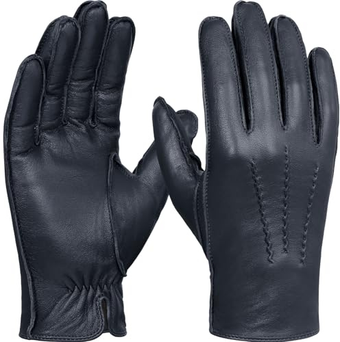 GSG SINCE 1998 - Gants Homme en Cuir d’Agneau Chauds pour Hiver, Doublure Laine, Tactiles et Raffinés,Bleu Marine S