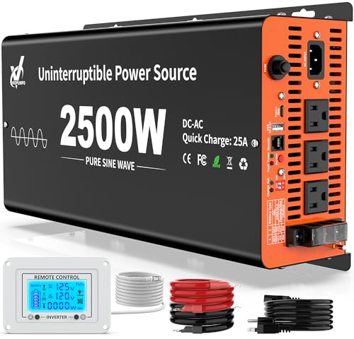 2500 Watt Sump Pump Battery Backup System, Pure Sine Wave Output, Professional Backup System in The Event of a Power Outage, Remote Controller with LCD Screen, Automatic Grid and Battery Switchover