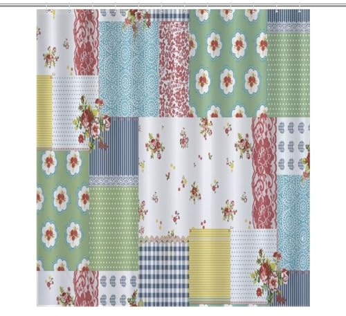 Kurtect Patchwork Boho Shower Curtain,Vintage Colorful Patchwork Floral Plaid Polka Dot Patter Print for Bathroom Curtains Cloth Fabric Home Decor with Hooks Set 66x72Inch（168x183cm）