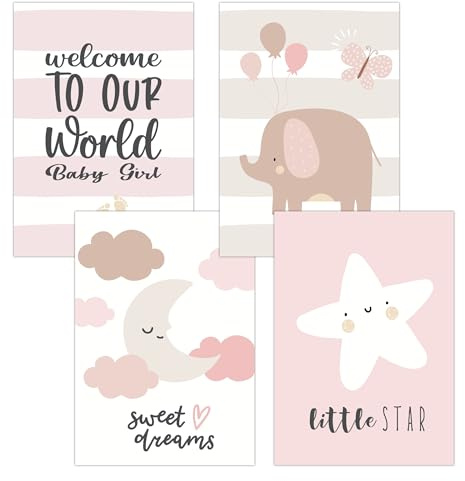 FAVELOT Poster Kinderzimmer Mädchen A4 - Elefant, Mond, Rosa - Bilder Babyzimmer Deko - Deutscher Premium-Druck - 4er Set Din A4