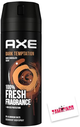 Axe Dark Temptation Deo Spray 150ml | 0% Aluminium, Frische dunkle Schokolade, 48H Schutz, drehbarer Kopf, 150ml + Zama4Zingo Karte (1er Pack)