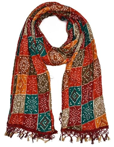 TreegoArt Fashion Rajasthanitryckt Traditionell Sidenbandhej Dupatta Chunni Scarf För Kvinnor -(Flerfärgad)