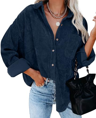 QIXING Veste Chemise Femme Automne Hiver Oversize Boutonnée en Velours Côtelé - Col en V, Manches Longues, Poche - Chemisier Décontracté en Mousseline