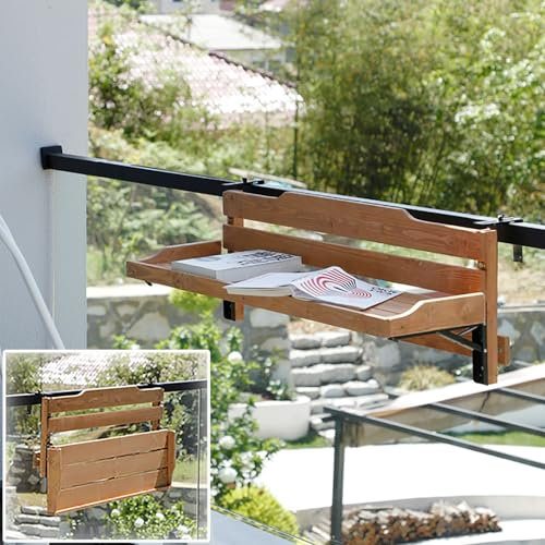 Hopfällbart Balkongräckesbord, Balkongbordshängande, Balkongbord i Trä, Balkongbarbord, Lämplig för 3~11 cm Breda Räcken(150cm/59in)
