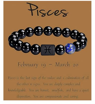 QSMGD Bracelet signe du zodiaque pour homme et femme, bracelets d'amitié 8 mm 10 mm pierre onyx noire naturelle cadeau de constellation (Poissons, 10mm perles (tour de poignet : 17-19 cm))