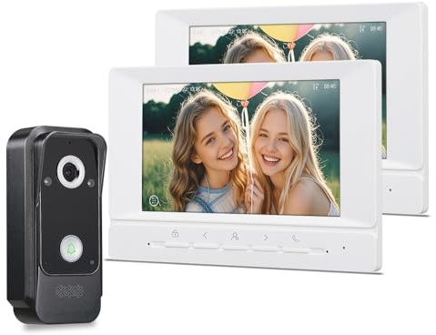 QttyElok 7 Zoll IPS Cable Sistema de Intercomunicación 1080P HD Videoportero, Timbre Vídeo Cámara Visión Nocturna y 2 Monitores Pantalla, Audio Bidireccional y Desbloqueo