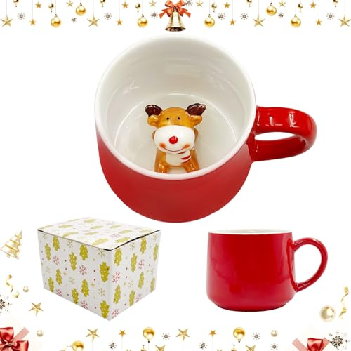 Daily Treasures 3D julmugg ren inuti kopp – 350 ml stor söt djur keramisk kaffekopp till julfödelsedag, tekopp för ofiice, nyhet kaffemugg för vän pojkar flickor presenter, mikrovågsugn säker