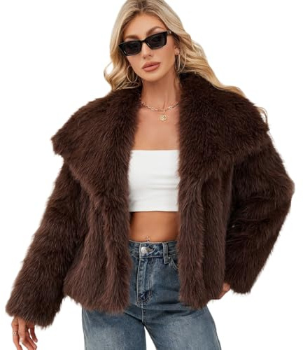 YuanDiann Abrigo de piel sintética para mujer, para otoño e invierno, informal, cálido, elegante, con solapas anchas, sueltas, de piel sintética, de manga larga, regalo, café, L
