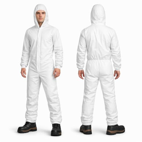 Plymi Hazmat Suits 10 Pack XL, Disposable Coveralls Suit, with Elastic Wrists, Ankles and Hood, Heavy Duty Full Body Painters Suit, 4 sizes (L to XXXL)