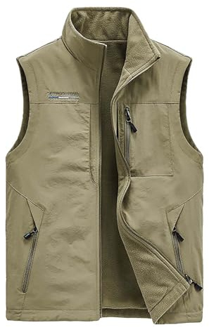 Gilet de travail pour homme avec doublure en polaire - Gilet léger - Gilet d'extérieur - Gilet de randonnée multifonction - Sans manches - Veste de loisirs - Séchage rapide, kaki, M