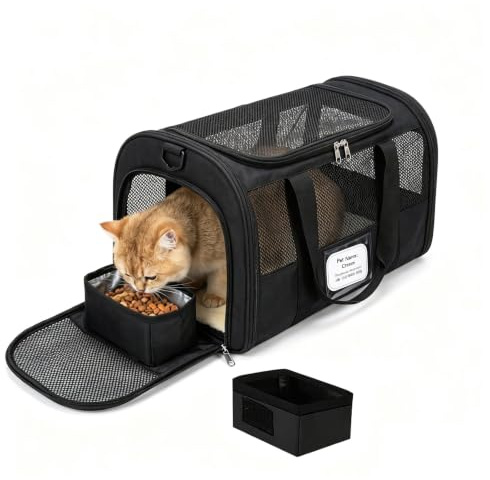Foldable Cat Carrier, Stable Soft Sided Dog Carrier, Oxford Pet Transport Carrier Bag with Breathable Mesh, Car Safety Belt, Shoulder Strap & Removable Mat for Cats Kittens & Small Pets 45.8x30.5x28cm