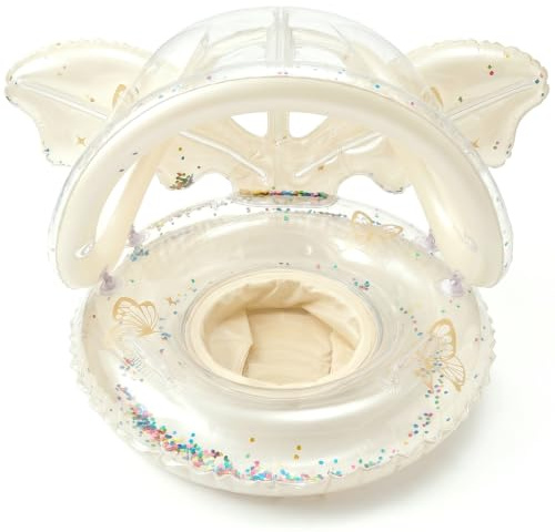 Tsawntd Spädbarn simma flottör, fjäril, glitter, babypool, flottör med baldakin, säker söt simring för sommarkul, 55,8 cm, vit