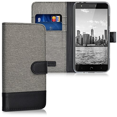 kwmobile Wallet Case kompatibel mit bq Aquaris X/X Pro - Hülle mit Ständer - Handyhülle Kartenfächer Grau Schwarz