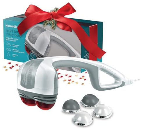 Homedics Back Massager - Heated Automatic Percussion Back, Body and Neck Massager with Duel Pivoting Heads, Interchangeable Nodes, for Shoulders, Legs and Feet, White