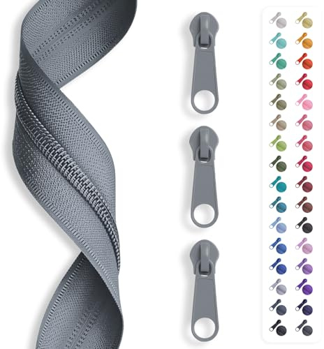 5 m zip endless, spiral 3 mm + 15 sliders/zip, 32 colours, sold by the metre. Light grey