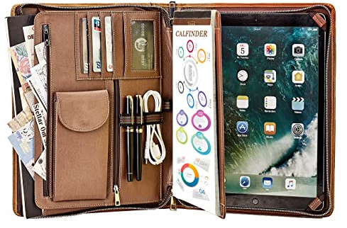 FREI NAME GRAVUR, Personalisierte Konferenzmappe a4 Leder, Schreibmappe A4 Reißverschluss, Business Dokumentenmappe Ledermappe mit Klemmbrett, Geschenk für Damen/Herren, Customized, Braun
