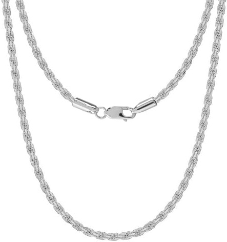 LeCalla Solid 925 Sterling Silver Italian 3 MM Diamond-Cut Twisted Braided Rope Chain Necklace for Men and Women 20 Inches