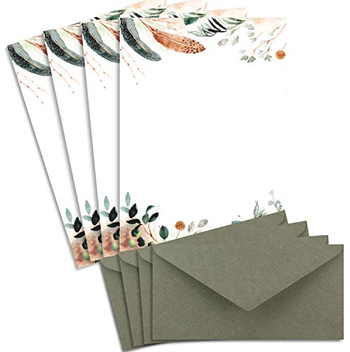 100 Briefbogen-Sets DIN A4 - Naturpapier in Creme Natur Potpourri mit Federn und Zweigen - mit Briefumschlägen DIN Lang in Kraftpapier Grau/Grün Briefpapier bedruckbar ideal für Hochzeitseinladungen