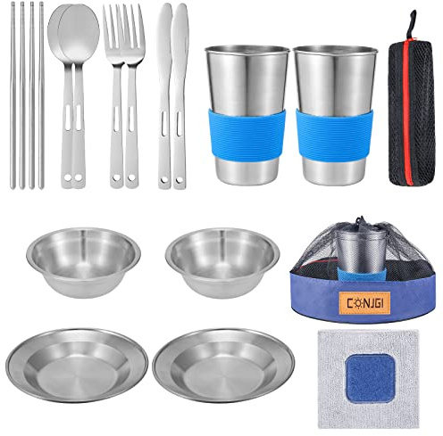 Camping Dinnerware Set Stainless - Camping Mess Kit Includes Cups, Bowls, Dishes, Knives, Forks, Spoons, Etc, Camping Tableware Set with Mesh Bag is Easy to Carry（2-Person Set Blue）