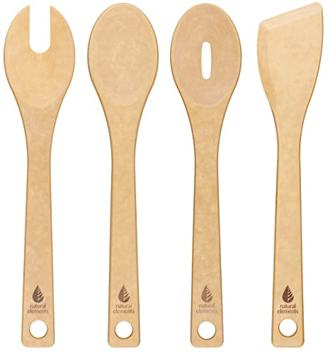 Natural Elements Lot de 4 ustensiles de cuisine en fibre de bois recyclée, spatule, cuillère de cuisine, cuillère à fente et cuillère à spaghetti, outils de cuisine et de pâtisserie en bois