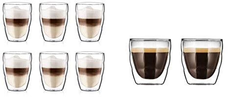 Bodum - 10484-10-12 - Pilatus - Coffret 6 Verres Thermo Double Paroi - 25 cl & 11477-10 - Pilatus - Set de 2 Verres Double Espresso - 8 cl
