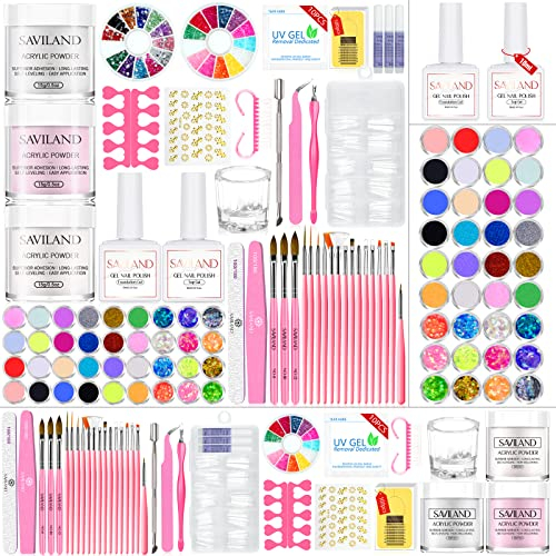 Saviland Acrylic Nail Kit: Acrylic Powder Acrylic Liquid Nail Brushes Base & Tops Gel Full Acrylic Nail Art Tools Acrylic Nail Kits Full Set for Beginners