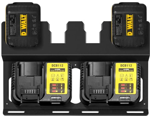 Riuog Support mural pour batterie DeWalt 20 V et chargeur DCB112, métal noir, robuste pour 4 batteries et support de chargeur pour salle d'outils et garage