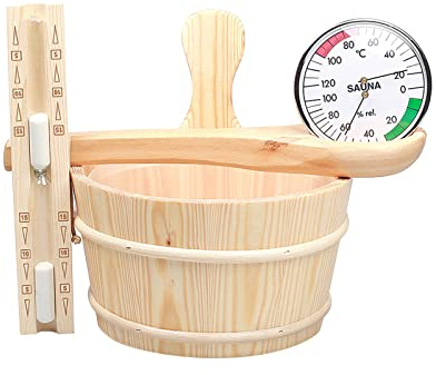 Saunazubehörset 5-Teilig Saunaeimer Set, Naturbelassenem Holz Saunakübel Saunakelle, Sauna Eimer Set, Temperaturmessgerät | Sanduhr (A)