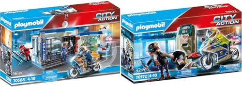 PLAYMOBIL City Action 70568 Polizei: Flucht aus dem Gefängnis, Für Kinder von 4 - 10 Jahre & City Action 70572 Polizei-Motorrad: Verfolgung des Geldräubers, Für Kinder von 4-10 Jahre