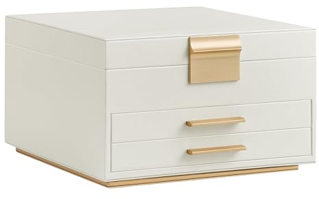 SONGMICS Jewellery Box with Mirror and LED Lights, 3-Layer Jewellery Storage Organiser with 2 Drawers, PU Surface, Floating Base, Modern, Gift Idea, 23 x 23 x 14 cm, Cream White and Gold JBC169W01
