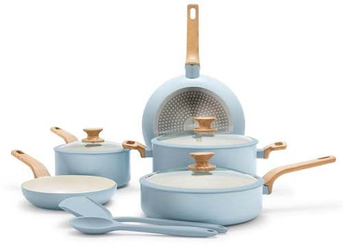 GreenPan Essence 10 Piece Cookware Pots and Pans Set, Healthy Ceramic Nonstick, PFAS-Free, Silicone Rimmed Lids, Wood-Print Handles, Induction Suitable, Dishwasher Safe, Blue Haze