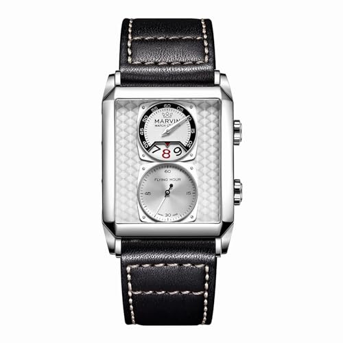 marvin Watches for Men Swiss Mens Watch in Stainless Steel with Leather Strap and Rectangular Sapphire Glass Dial, Quartz Movement, 50M Waterproof