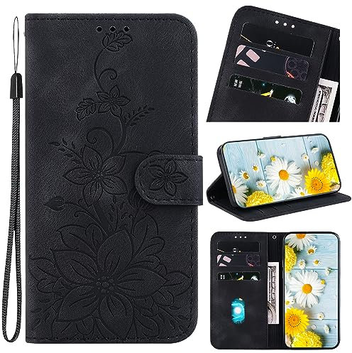 Rosbtib Handyhülle für iPhone 5/ 5S/ SE Hülle Leder mit Kartenfächer Handytasche mit Standfunktion Magnetische Klapphülle für iPhone SE 1. Generation/iPhone 5/ 5S - Schwarze Lilien