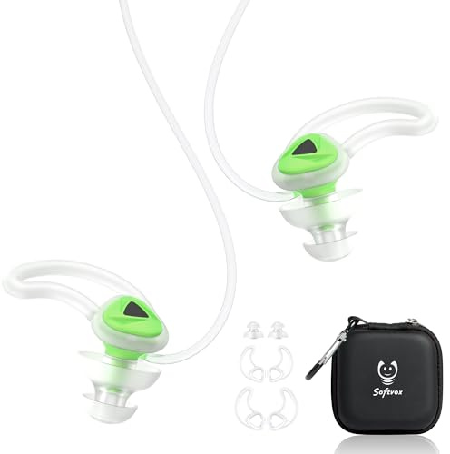 Softvox Ear Plugs for Swimming and Surfing with Lanyard, Block Out Water Let Sound in, Reusable Comfy Custom-fit Swimmer Earplugs for Diving, Shower, Pool, Swim, Bath, Kayaking, incl Carry Case, GN