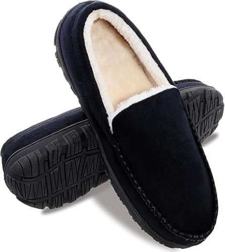 MIXIN Moccasins for Men House Slippers Indoor Outdoor Plush Mens Bedroom Shoes with Hard Sole Black Size 11