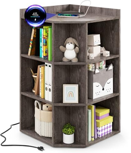 GOPLUS 3-stöckiges Eck-Bücherregal mit 9 Fächern, Eckregal mit Ladestation, Aufbewahrungsregal mit Kabelführungsloch, Bücherschrank für Wohnzimmer, Büro & Kinderzimmer (Grau)