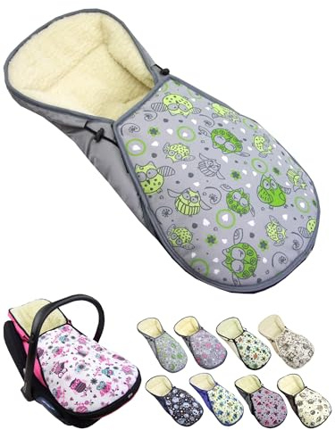 Fußsack für Babyschale [Winterfußsack] für Kinderautositz kompatibel mit Maxi Cosi Babyschalen Gruppe 0+ Lammwolle Sitzauflage verstellbar (Eule 11)