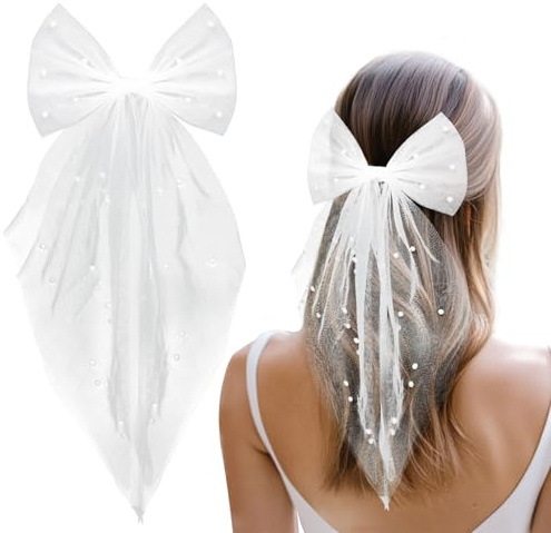 BETESSIN Voile Mariée Court Blanc avec Perles Accessoire Mariage Fête EVJF Fiançailles Cosplay