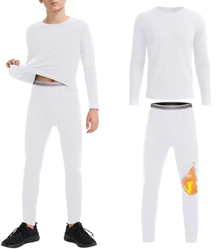 AKKQHH Biancheria Termica per Bambini, Set di Abbigliamento da Base, Biancheria Intima da Sci, Morbida e Calda, Imbottitura in Pile, per Ragazzi e Ragazze, Tuta da Inverno per Calcio e Neve, bianco, S