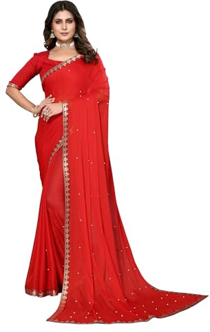 IMTRA FASHION Sari för kvinnor, georgette-siden med trådarbete, sari och osydd blus