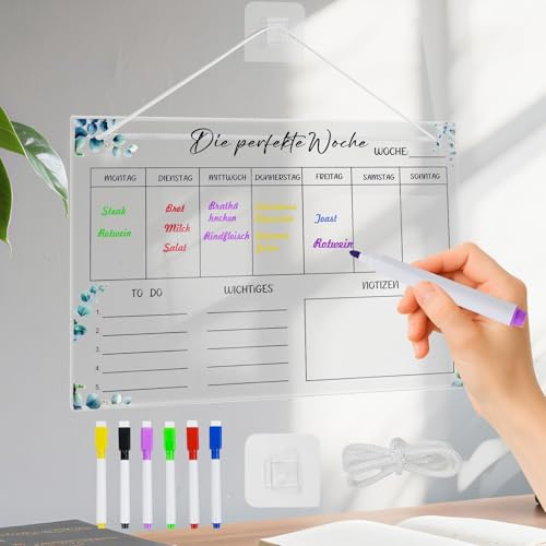 Planificador semanal lavable – 30 x 20 cm, planificador semanal de comida, de acrílico para el hogar, planificador semanal, planificador familiar con 6 rotuladores para pizarra blanca para colgar