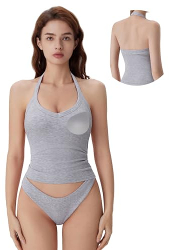 SUUKSESS Halter Tank Top for Women with Built in Bra Cotton Ribbed V Neck Cami Grey