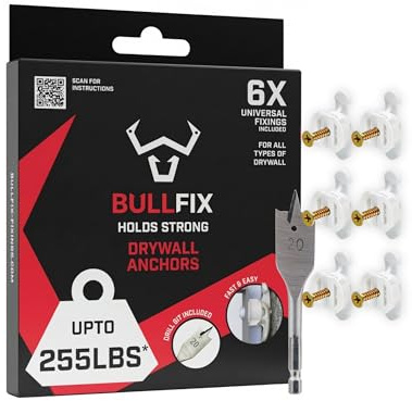 Bullfix Drywall Anchors and Screws Kit - 6 Pack, Holds 255lbs, Heavy Duty Drywall Anchors for Shallow Hollow Cavity with 13/16 Drill Bit, Dry Wall Screws, Heavy Duty Dry Wall Kit