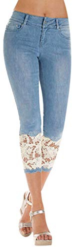 DeHolifer Jeans Pantaloni da Donna a 3/4 Pantalone Capri Bordo in Pizzo Pinocchietto in Denim Vita Elasticizzati Pinocchietti Estivi Leggeri Bermuda Cropped Casual Leggings Taglie Forti Abbigliamento