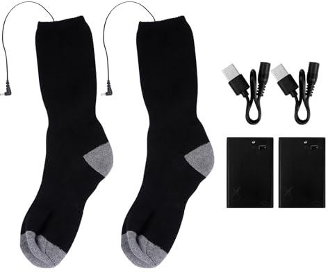 LIOOBO Calcetines Calefactables Eléctricos para Invierno Unisex, Calcetines Térmicos Batería USB, Paquete 1 Par 2 Cajas de Batería 2 Cables USB, Colores Negro y Gris, Ideales