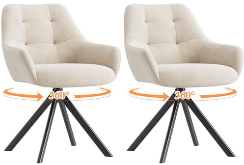 MALOL Lot de 2 Chaises de Salle à Manger Pivotantes à 360°, Chaises avec Accoudoirs en Tissu Moelleux et Piètement Métal, Chaises Confortables Pivotantes avec Dossier pour Cuisine, Bureau, Beige