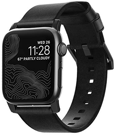 NOMAD Strap Modern Leather Black Connector Black| Echtlederarmband für Apple Watch 42/44/45/49 mm | Schwarz mit schwarzem Metall