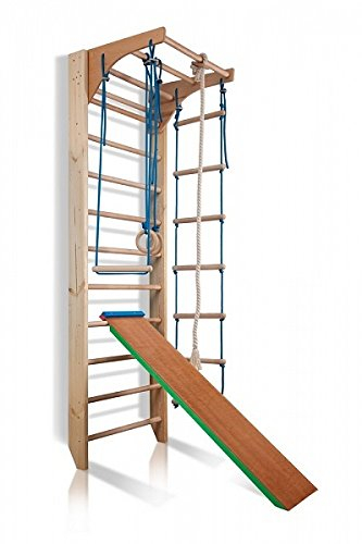 Turnwand, Sprossenwand Kombi-3-240-Farbe Kletterwand aus Holz für Kinder & Erwachsene – Indoor Fitness Klettergerüst mit Klimmzugstange & Zubehör